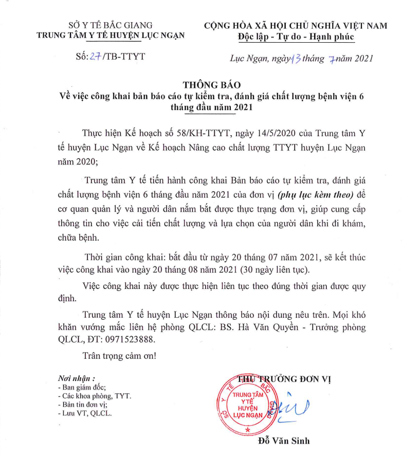 THÔNG BÁO VỀ VIỆC CÔNG KHAI BẢN BÁO CÁO TỰ KIỂM TRA ĐÁNH GIÁ CHẤT LƯỢNG BỆNH VIỆN 6 THÁNG ĐẦU NĂM 2021
